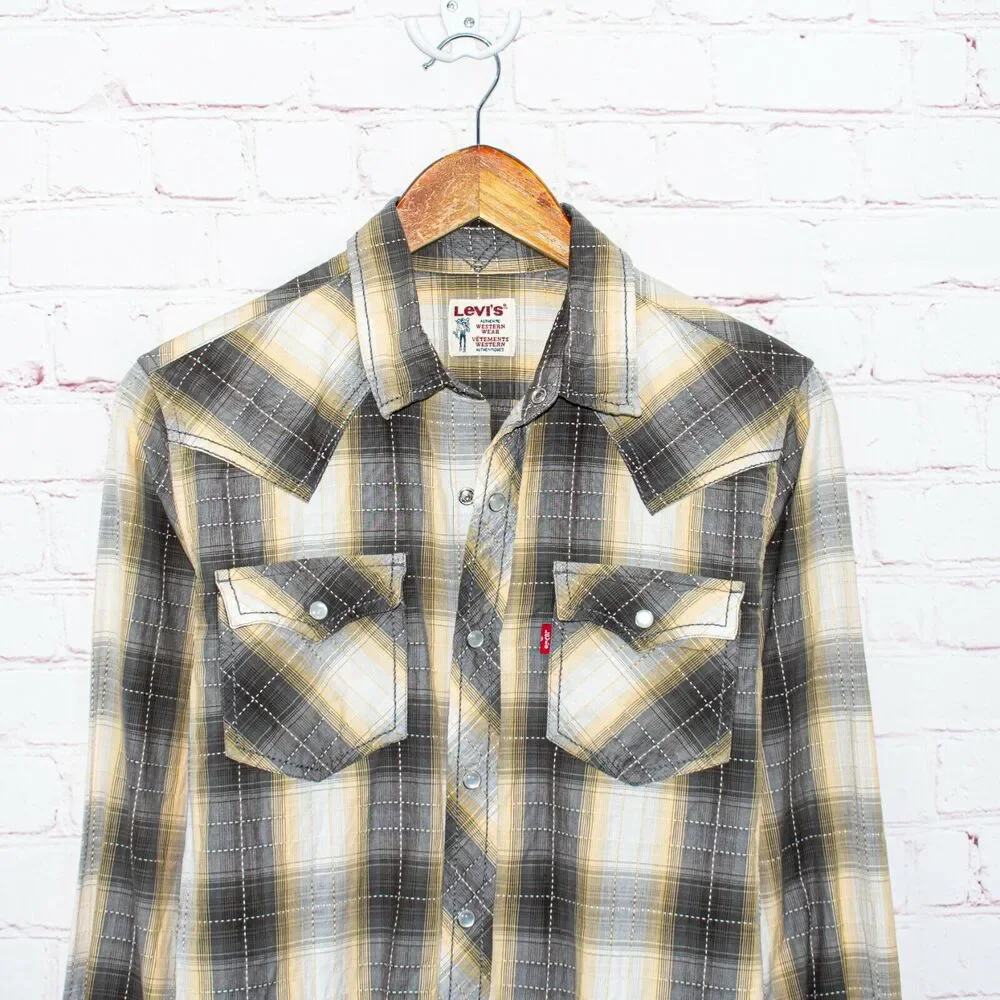 Levi's Men's Western Pearl Snap Shirt Gray Beige Plaid Size Small